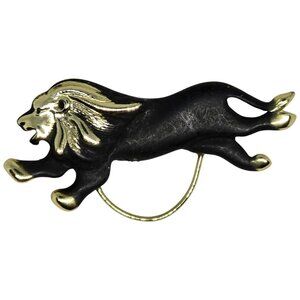 Vintage Black Lion Brooch Gold Tone Enamel Figural Animal Pin